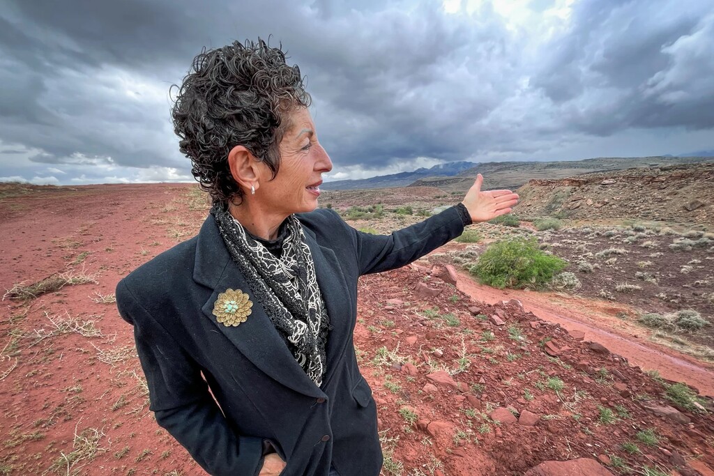 (David Condos | KUER) Infectious disease specialist Ginamarie Foglia stands next to Dry Wash in Ivins, Utah, May 6, 2025. This is one of dozens of sites in Washington County where researchers have been testing soil for the fungus that causes valley fever.