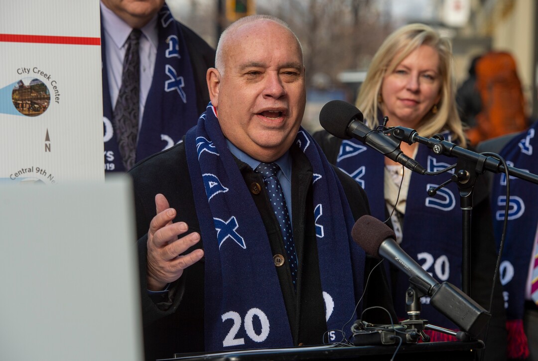 (Rick Egan  |  The Salt Lake Tribune)      Murray Mayor Blair Camp speaks as officials celebrate the 20th anniversary of TRAX trains during a news conference at the City Creek Trax stop on Main Street in Salt Lake City, Wednesday, Dec. 4, 2019.