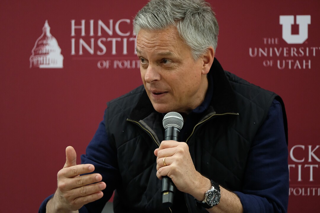 (Francisco Kjolseth  |  The Salt Lake Tribune)  Former Utah Governor and Ambassador Jon Huntsman speaks at the Hinckley Institute of Politics on the University of Utah campus on Thursday, Dec. 5, 2019, to discuss his long career in public service spanning from UtahÕs GovernorÕs Mansion to Chinese and Russian ambassadorships and examine the increasing significance Utah plays in our globalized world.