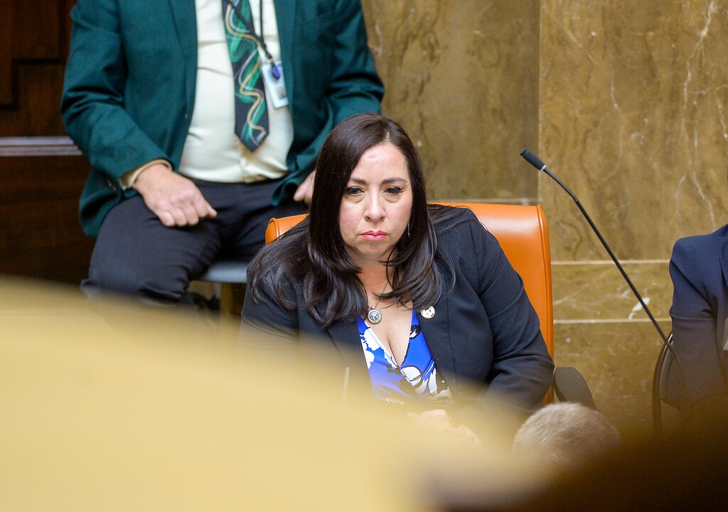(Chris Samuels | The Salt Lake Tribune) House Minority Leader Angela Romero, D-Salt Lake City, listens to remarks on the first day of the Legislative session, Tuesday, Jan. 17, 2023. Romero has introduced a bill which would ban government officials from asking sexual assault victims to undergo a polygraph test.