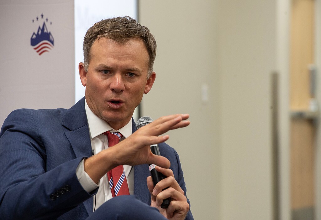 (Chris Samuels | The Salt Lake Tribune) U.S. Rep. Blake Moore, R-Utah, speaks at an event for the Sutherland Institute at Weber State University in Ogden, Tuesday, Aug. 29, 2023. Moore was elected to fille an open seat in House GOP leadership.
