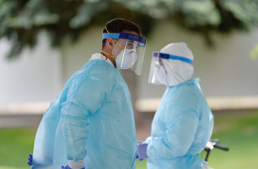 (Francisco Kjolseth  |  The Salt Lake Tribune) The Utah Department of Health suits up as it prepares to test staff of West Jordan Care Center for the coronavirus on Thursday, May 21, 2020. The testing is part of a plan to test staff at all long-term care facilities, with centers for memory patients and the intellectually disabled receiving priority.
