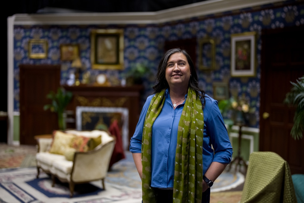(Trent Nelson | The Salt Lake Tribune) Playwright Melissa Leilani Larson on the set of her play "Gin Mummy" at Utah Valley University on Monday, Feb. 12, 2024. The set was designed by Graham Whipple, assisted by Ruth McMullin. It's one of three of Larson's plays being produced in Utah in the coming months.
