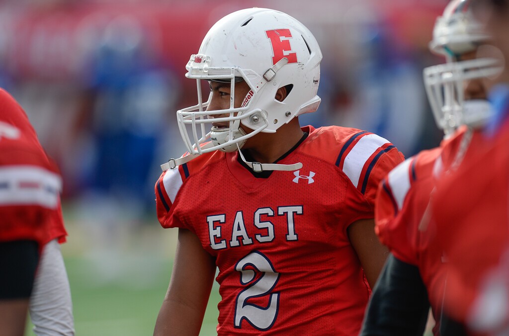 (Francisco Kjolseth  |  The Salt Lake Tribune)  Sione Molisi of East joins his team after their win over Lone Peak in their class 6A semifinal game at Rice-Eccles Stadium,Friday, Nov. 10, 2017.