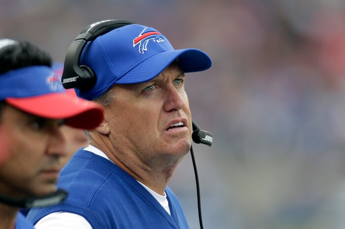 FILE - In this Oct. 2, 2016, file photo, Buffalo Bills head coach Rex Ryan, right, on the sidelines during the second half of an NFL football game against the New England Patriots in Foxborough, Mass. The Rex Effect in Buffalo lasted less than two full seasons, and now the Bills are in the familiar spot of opening a new year by launching yet another coaching search. (AP Photo/Steven Senne)