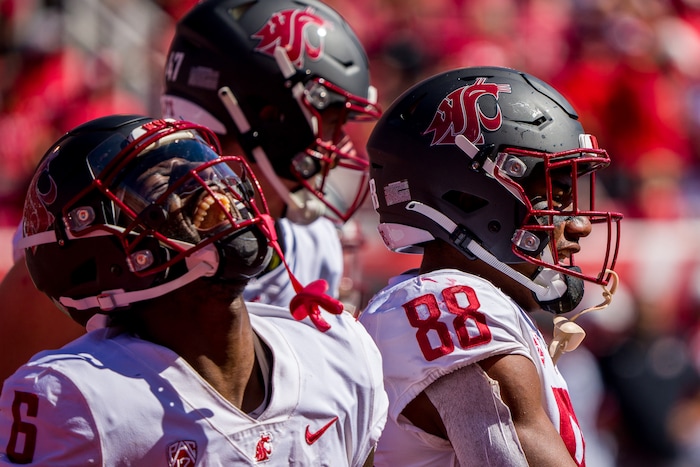 (Trent Nelson  |  The Salt Lake Tribune) Washington State Cougars wide receiver De'Zhaun Stribling (88) scores a touchdown as the University of Utah hosts Washington State, NCAA football in Salt Lake City on Saturday, Sept. 25, 2021.