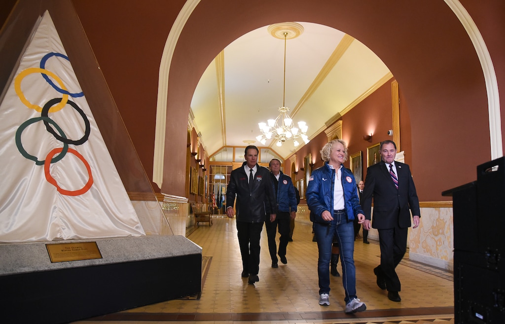(Francisco Kjolseth | The Salt Lake Tribune) Salt Lake City officials get ready to announce the news that U.S. Olympics Committee chose Salt Lake City over Denver to bid for a future Winter Olympics, possibly 2030, as they gather at City Hall on Friday, Dec. 14, 2018 to announce the decision.