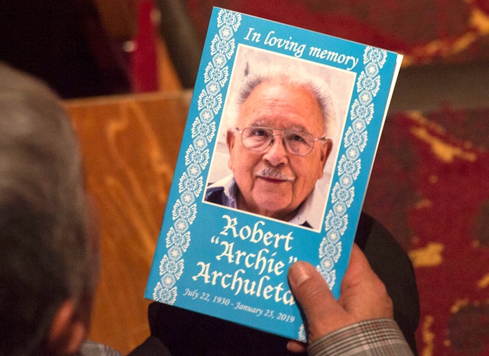(Rick Egan  |  The Salt Lake Tribune)      Friends and loved ones gather at the Rose Wagner Theatre for a memorial service for Robert "Archie" Archuleta. Saturday, March 2, 2019.


