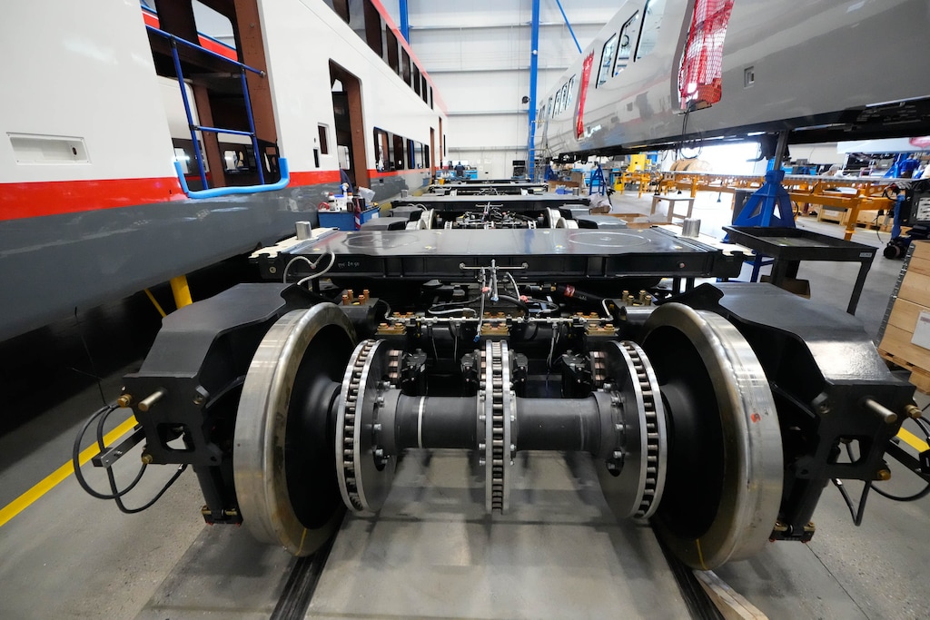 (Francisco Kjolseth | The Salt Lake Tribune) Railroad trucks near final installation on electric trains at Stadler Rail's plant in Salt Lake City on Friday, Jan. 5, 2024.
