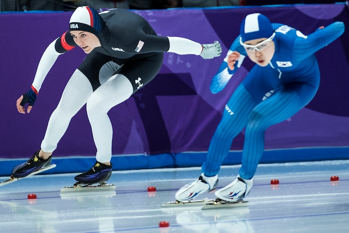 (Chris Detrick  |  The Salt Lake Tribune)  USA's Heather Bergsma races Korea's Min Sun Kim during the Ladies' 500m at the Gangneung Oval during the Pyeongchang 2018 Winter Olympics Sunday, Feb. 18, 2018. Bergsma finished in 11th place with a time of 38.13. 