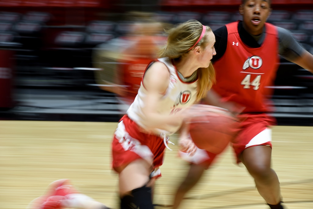 (Francisco Kjolseth | The Salt Lake Tribune) Dru Gylten, left, and Dre'una Edwards run through drills as the Utah women's basketball team practices at the Jon Huntsman Center on Wed. Jan. 2, 2019, as they prepare for their next game on Friday. The team guided by coach Lynne Roberts has them rolling 12-0, in one of the best starts in program history.