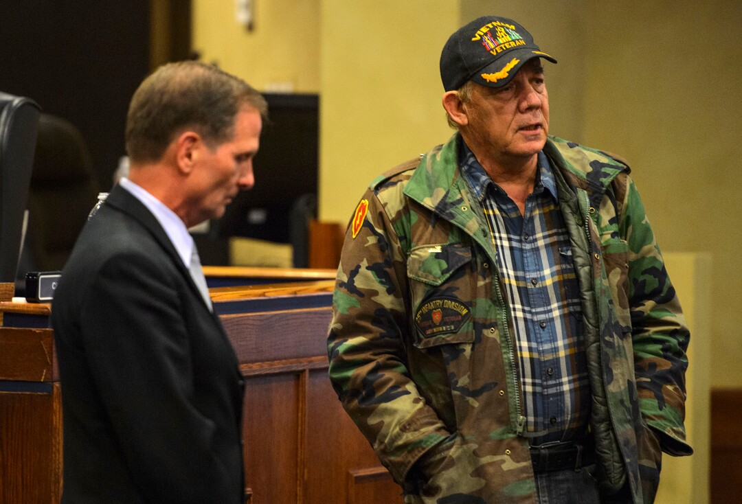 (Steve Griffin  |  The Salt Lake Tribune) Rep. Chris Stewart, R-Utah, listens as Vietnam veteran Bart Tippetts of Taylorsville, Utah, talks about finding a common ground with Stewart about Red flag Laws where guns can be taken away from people temporarily if they show imminent danger to other people, during town hall meeting at the West Valley City Hall in West Valley City Wednesday May 2, 2018.
