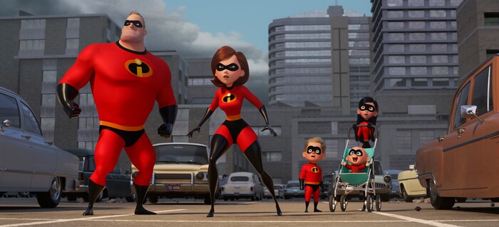 This image released by Disney Pixar shows characters, from left, Bob/Mr. Incredible, voiced by Craig T. Nelson, Helen/Elastigirl, voiced by Holly Hunter, Dash, voiced by Huck Milner, Jack Jack and Violet, voiced by Sarah Vowell in "Incredibles 2," in theaters on June 15.  (Disney/Pixar via AP)