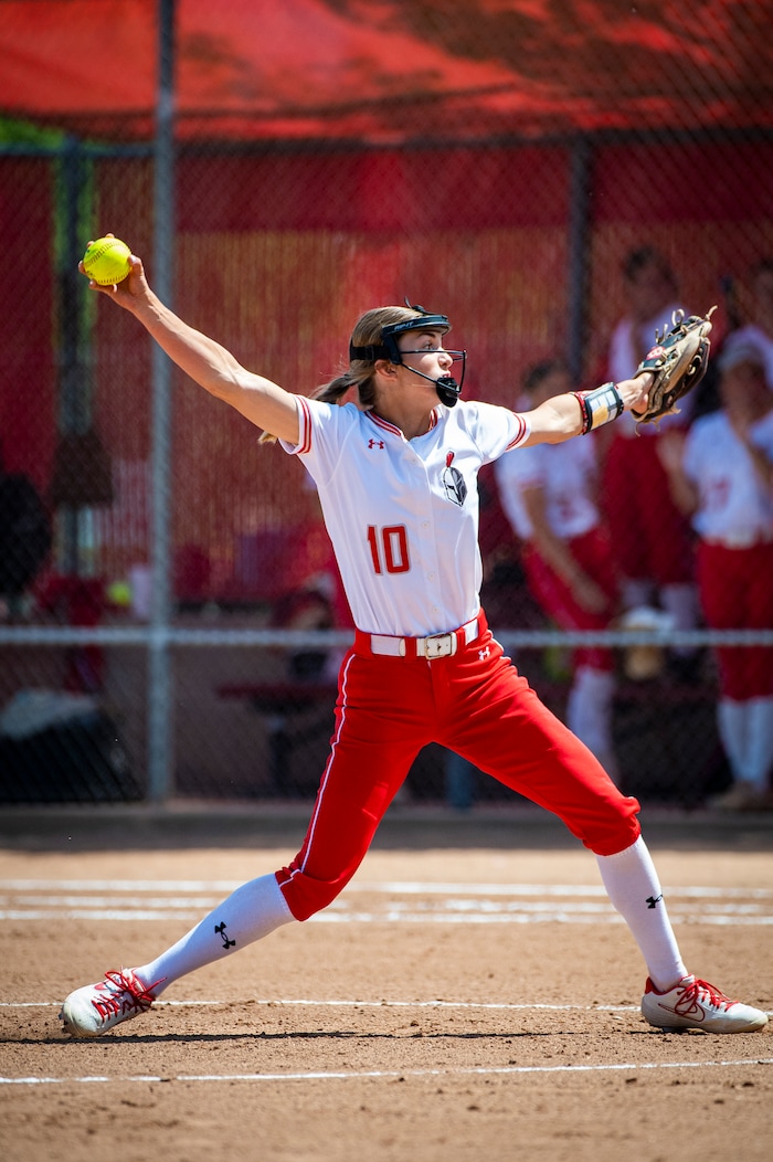 (Isaac Hale | Special to The Tribune) Mountain Ridge pitcher Taegan Smith (10) winds up a pitch during the second game of a best-of-three series between the Spanish Fork Lady Dons and the Mountain Ridge Sentinels as part of the 5A state softball championship held at the Spanish Fork Sports Park on Friday, May 28, 2021.
