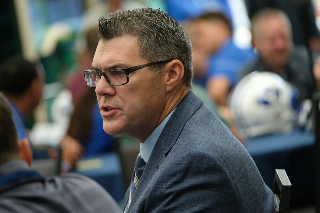(Francisco Kjolseth  |  The Salt Lake Tribune)  BYU offensive coordinator Jeff Grimes speaks with the press during BYU football media day at the BYU Broadcasting Building in Provo on Tuesday, June 18, 2019.