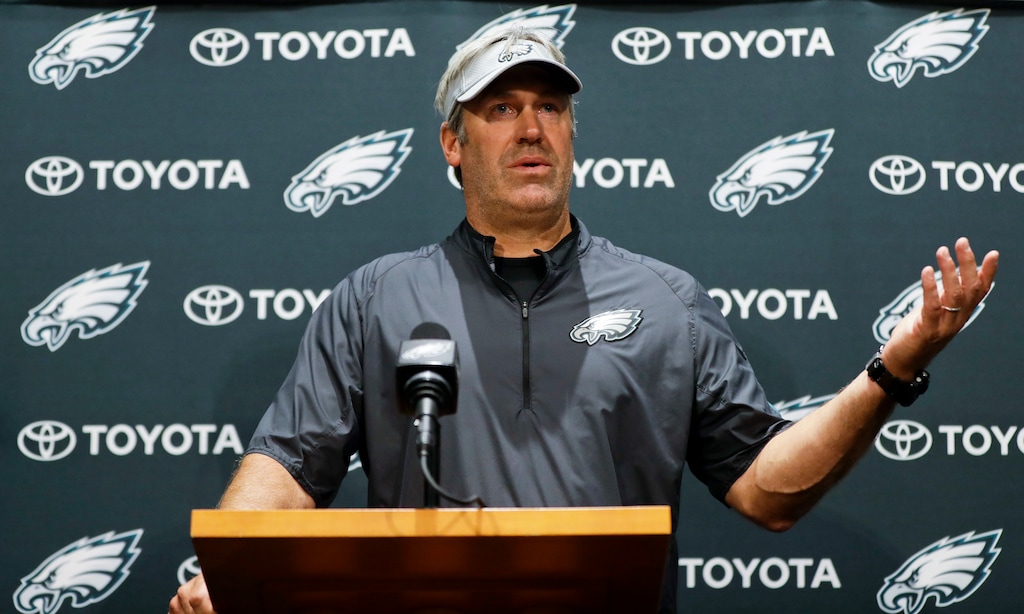 Philadelphia Eagles head coach Doug Pederson speaks to the media before practice at the NFL football team's facility, Wednesday, June 6, 2018, in Philadelphia. (AP Photo/Matt Slocum)