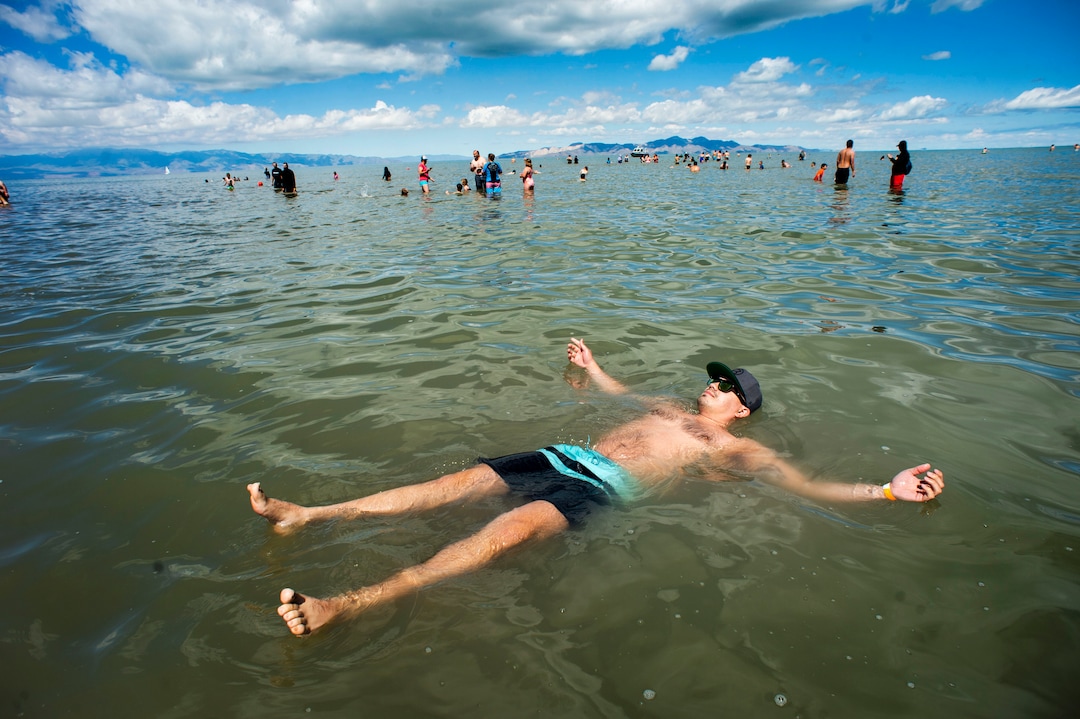 (Rick Egan  |  The Salt Lake Tribune)    Mikal Kelaitis, floats in the Great Salt Lake  during an attempt to beak the record for most people floating at one time, Saturday morning, June 8, 2019.  The attempt to break the record was turned-on to a polar plunge, because of the cool temperatures.