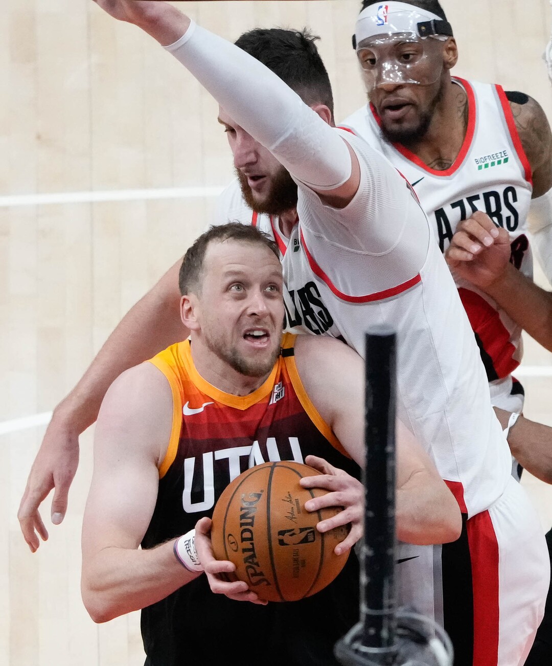 (Francisco Kjolseth | The Salt Lake Tribune) Utah Jazz guard Joe Ingles (2) is pressured in NBA action between the Utah Jazz and the Portland Trail Blazers, at Vivint Smart Home Arena, on Wednesday, May 12, 2021.