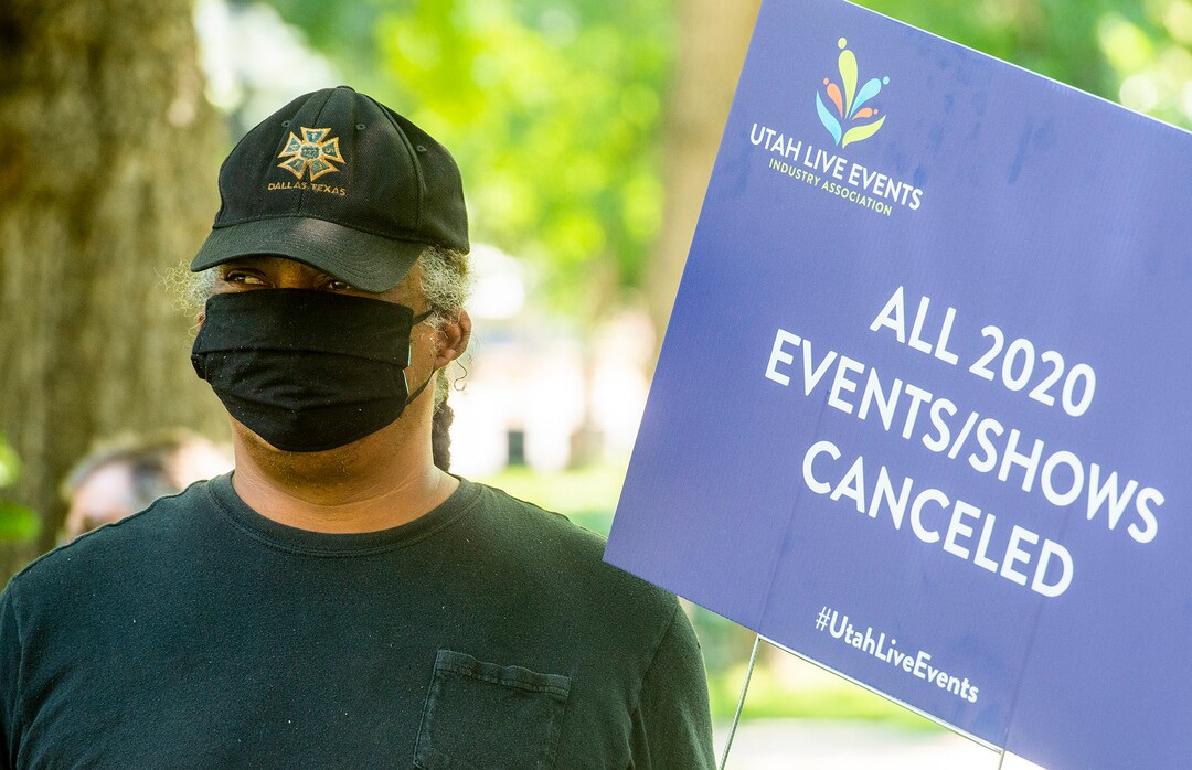 (Rick Egan  |  The Salt Lake Tribune)      Rich Devonport joins more than 100 members of the Utah Live Events Industry Association at City Hall as they prepare to march to the State Capitol in a silent march to call attention to the state of their industry, on Tuesday, July 21, 2020.