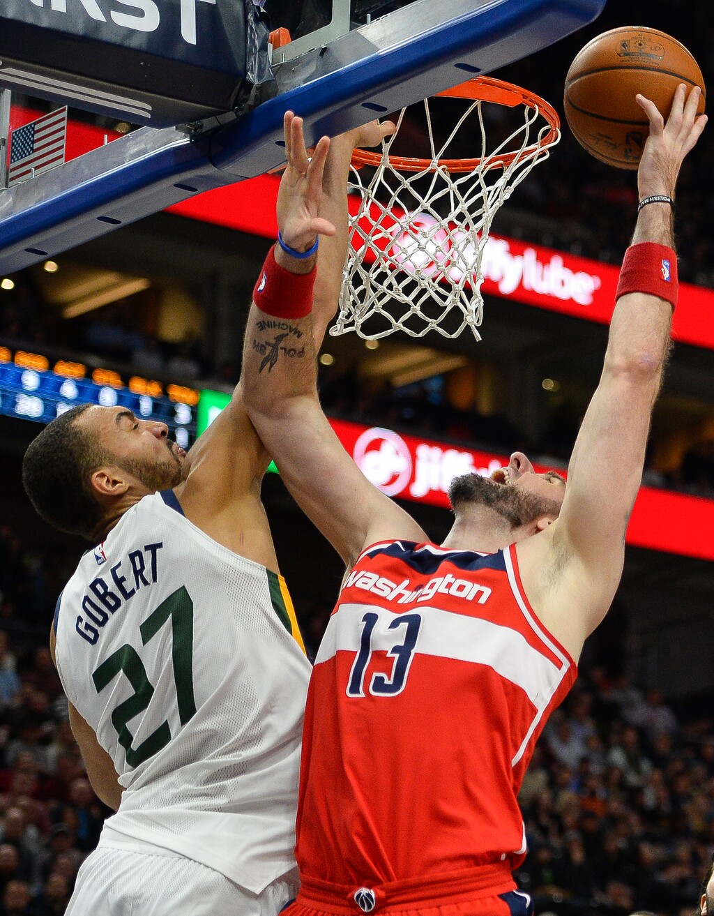 Utah Jazz center Rudy Gobert (27) attempts to block Washington Wizards center Marcin Gortat (13) in the first half during of an NBA basketball game Monday, Dec. 4, 2017, in Salt Lake City. (AP Photo/Alex Goodlett)