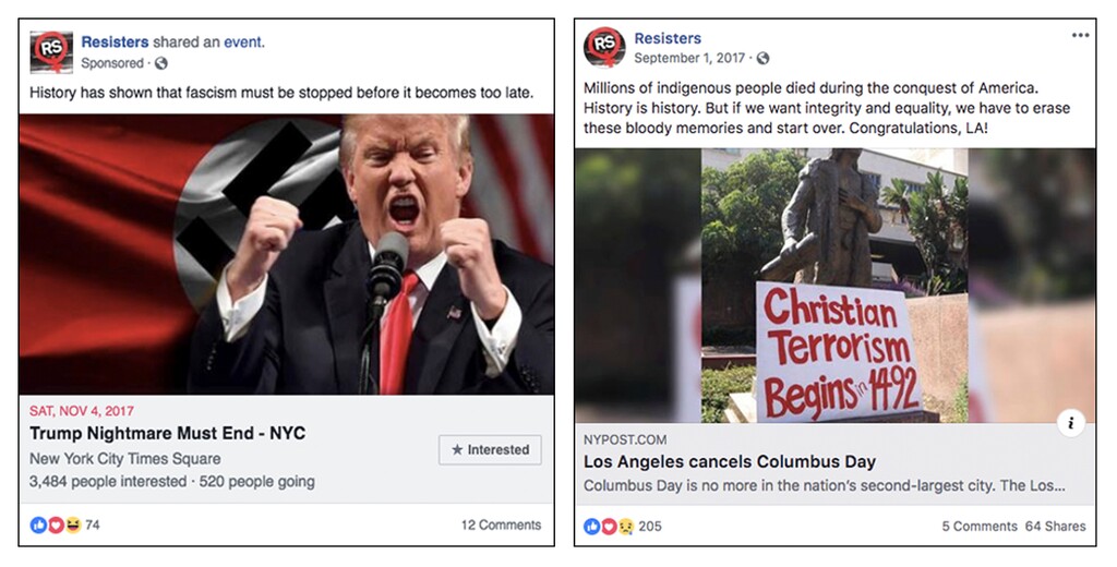 This combination of images provided by Facebook shows examples of one of the suspicious accounts the social networking site discovered on its platform that it says is possibly linked to Russia with the intention of influencing U.S. politics. The company said it removed more than 30 accounts from Facebook and Instagram because they were involved in "coordinated" political behavior and appeared to be from phony groups. (Courtesy of Facebook via AP)