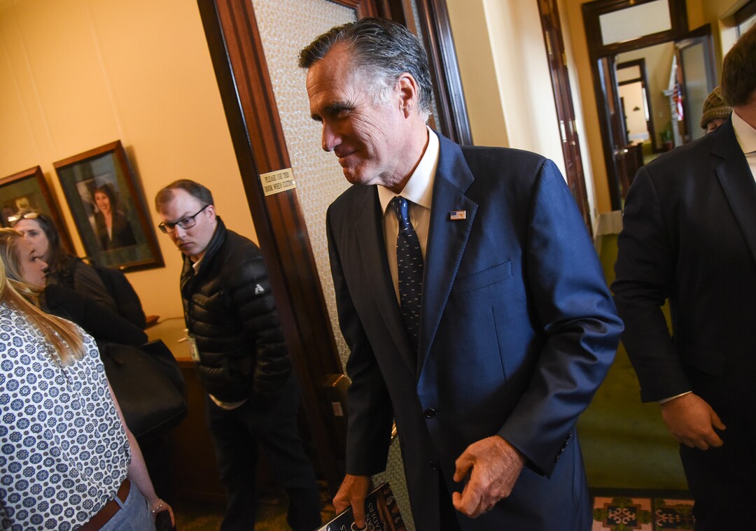 (Francisco Kjolseth  |  The Salt Lake Tribune)  Sen. Mitt Romney meets state lawmakers at the Utah Capitol during a series of meetings on Thursday, Feb. 21, 2019.