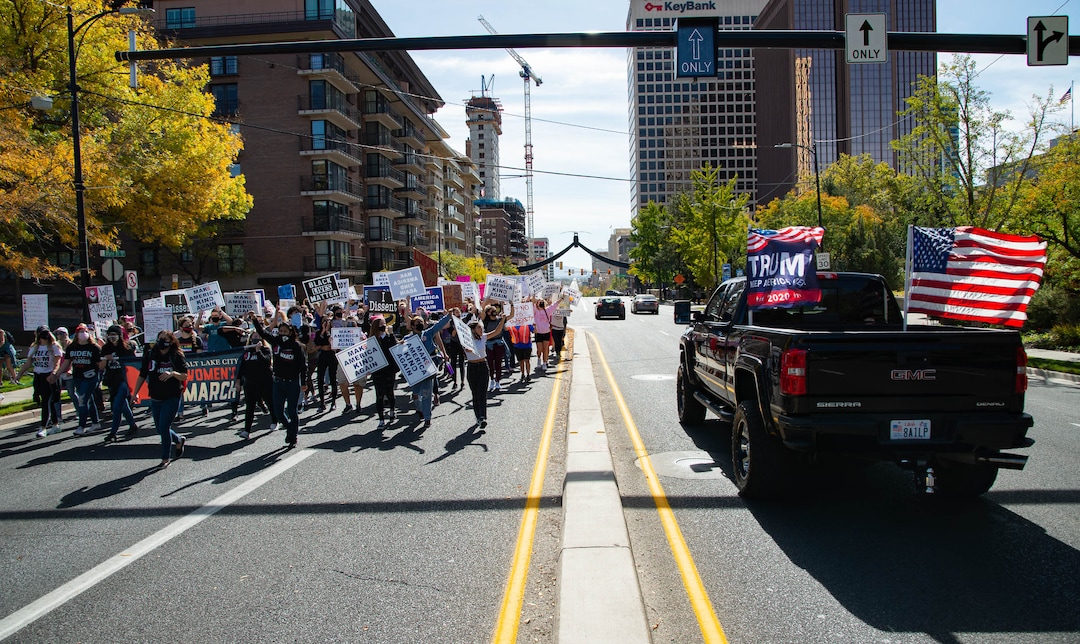 (Francisco Kjolseth  |  The Salt Lake Tribune) Demonstrators gather in Salt Lake City, uniting with Women’s March rallies happening in Washington D.C. and around the country on Saturday, Oct. 17, 2020, to signal their opposition to President Donald Trump and his agenda, including his push to fill the seat of late Supreme Court Justice Ruth Bader Ginsburg before election day.