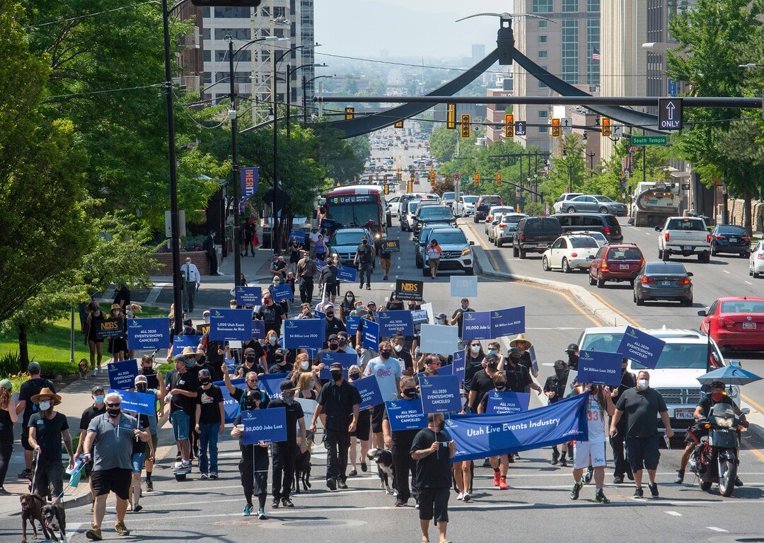 (Rick Egan  |  The Salt Lake Tribune)     Members of Utah Live Events Industry Association march to the State Capitol in a silent march to call attention to the state of their industry, on Tuesday, July 21, 2020.