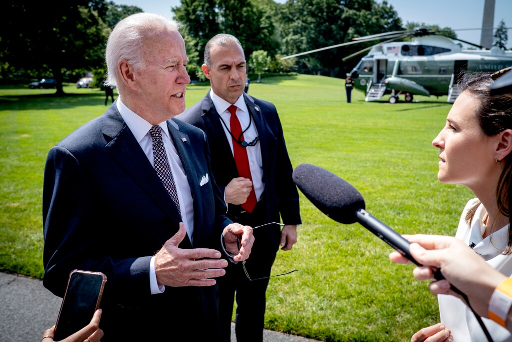 (Pete Marovich | The New York Times)
Joe Biden speaks to reporters on the South Lawn, before he and first lady Jill Biden depart aboard Marine One at the White House, on June 17, 2022. The Bidens are traveling to Rehoboth Beach, Delaware, where they will stay over the weekend.