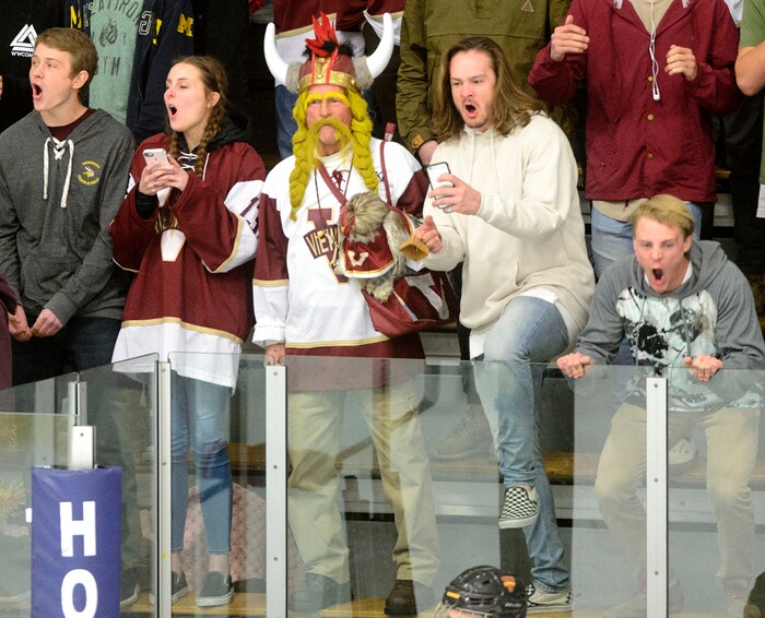 (Steve Griffin  |  The Salt Lake Tribune) Viewmont fans celebrate after defeating Murray for the Division 1 ice hockey state title game at the Salt Lake City Sports Complex in Salt Lake City Tuesday Feb. 20, 2018.