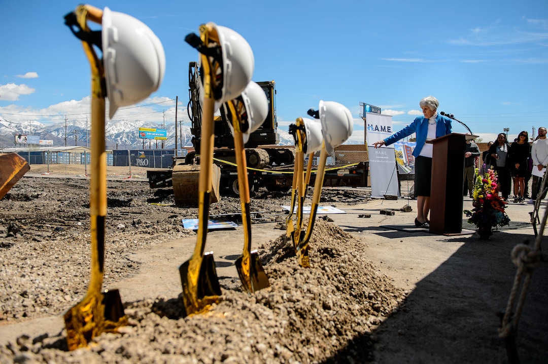 (Trent Nelson  |  The Salt Lake Tribune)  Pamela Atkinson speaks at the groundbreaking ceremony for Pamela's Place Apartments in Salt Lake City on Wednesday April 17, 2019. The development, named after Atkinson, a Utah-based humanitarian and advocate for people experiencing homelessness, will serve as a 100-unit permanent supportive housing complex by combining affordable housing assistance with voluntary support services to address the needs of chronically homeless people.