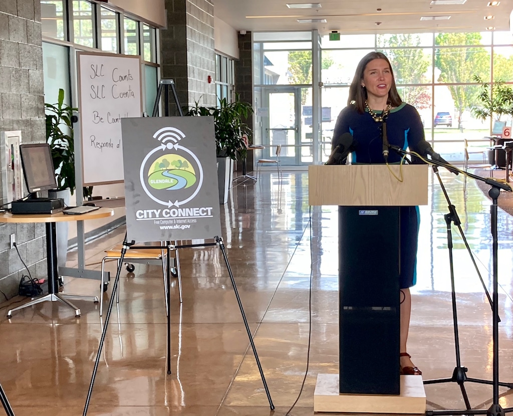 (Leia Larsen | The Salt Lake Tribune) Salt Lake City Mayor Erin Mendenhall announces a new City Connect computer lab and Wi-Fi access point at the Sorenson Unity Center on Monday, Aug. 24, 2020.