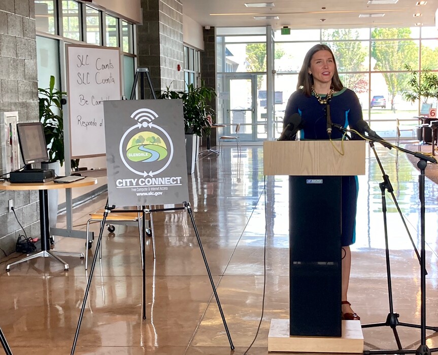(Leia Larsen | The Salt Lake Tribune) Salt Lake City Mayor Erin Mendenhall announces a new City Connect computer lab and Wi-Fi access point at the Sorenson Unity Center on Monday, Aug. 24, 2020.