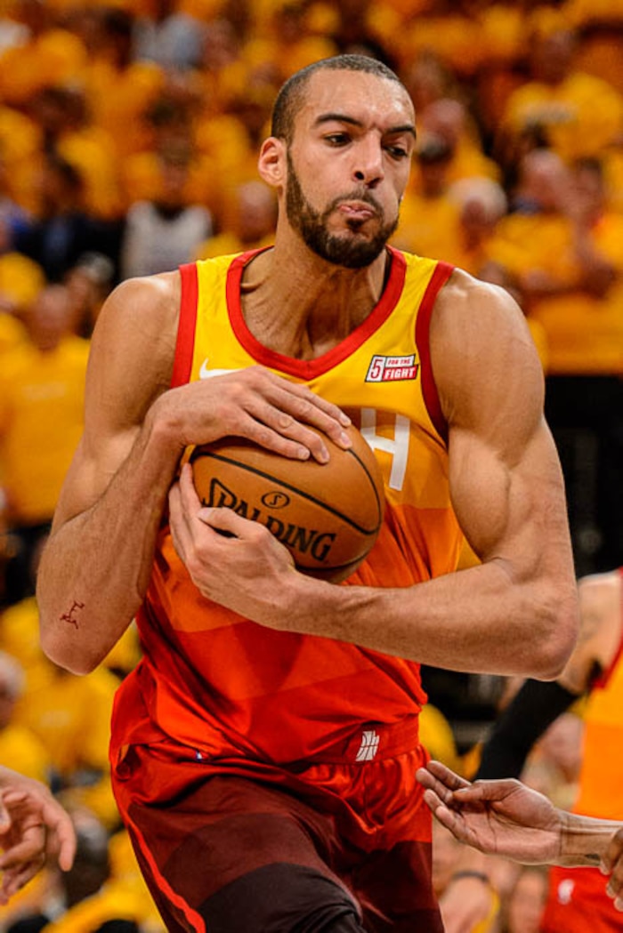 (Trent Nelson | The Salt Lake Tribune)  
Utah Jazz host the Oklahoma City Thunder, Game 3, NBA playoff basketball in Salt Lake City, Saturday April 21, 2018. Utah Jazz center Rudy Gobert (27) rebounds.