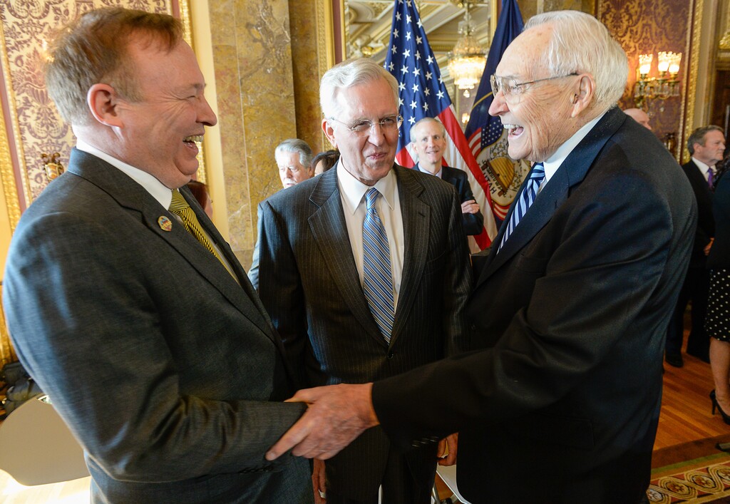 Francisco Kjolseth | The Salt Lake Tribune
Sen. Jim Dabakis, D-Salt Lake, left, greets top Mormon leaders, including apostle D. Todd Christofferson, center, and L. Tom Perry, second in line for the LDS Church's presidency, as they appear at a news conference at the Capitol to publicly endorse nondiscrimination bill SB296.