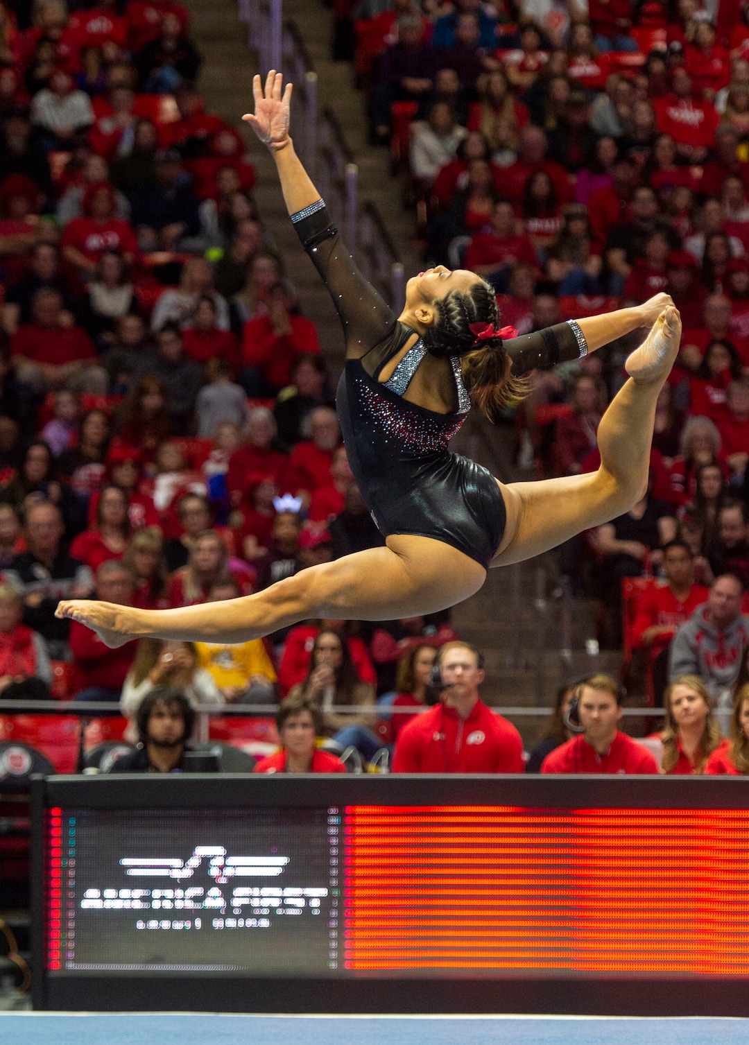 (Rick Egan  |  The Salt Lake Tribune)   Kari Lee competes on the floor for Utah, in PAC-12 gymnastics action between the UCLA Bruins and the University of Utah, at the Jon M. Huntsman Center, Saturday, Feb. 23, 2019.