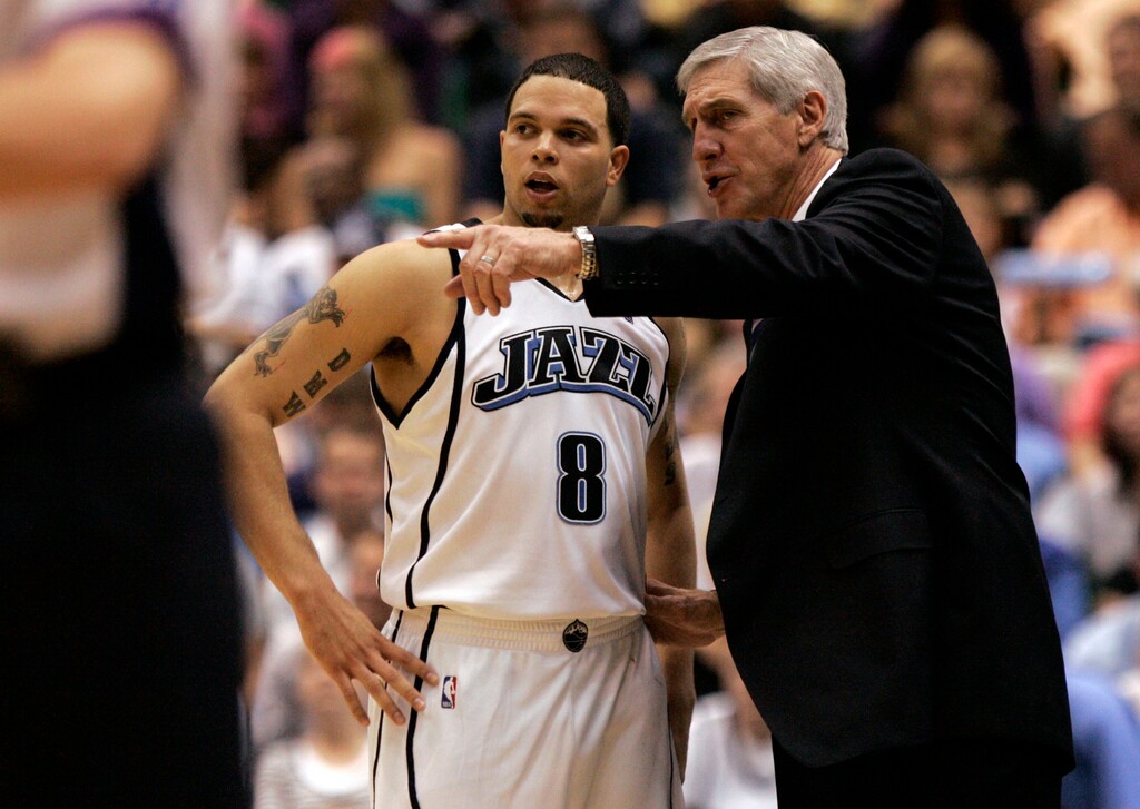 (Chris Detrick  | Tribune file photo)
Utah's Deron Williams and Jerry Sloan talk during game 3 of the first-round playoff series against Houston at the Energy Solutions Arena on April 26, 2007. Utah won 81-67.