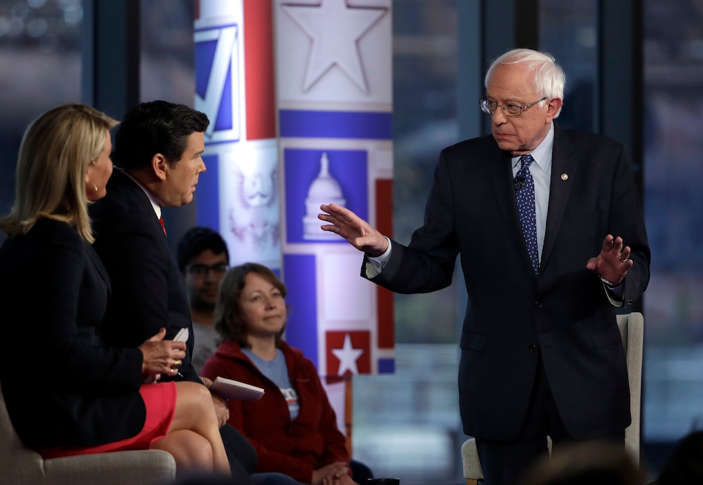 Sen. Bernie Sanders speaks during a Fox News town-hall style event Monday April 15, 2019 in Bethlehem, Pa. (AP Photo/Matt Rourke)