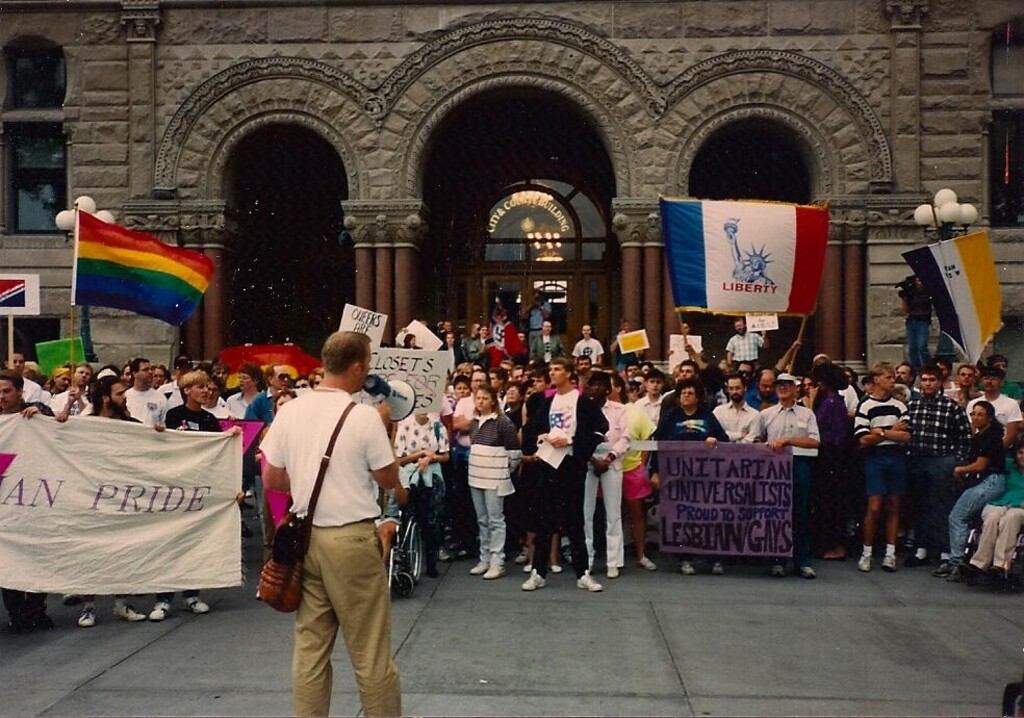 (Connell O'Donovan) A crowd gathered at the Salt Lake City and County Building at the end of the 1991 Utah Pride March.