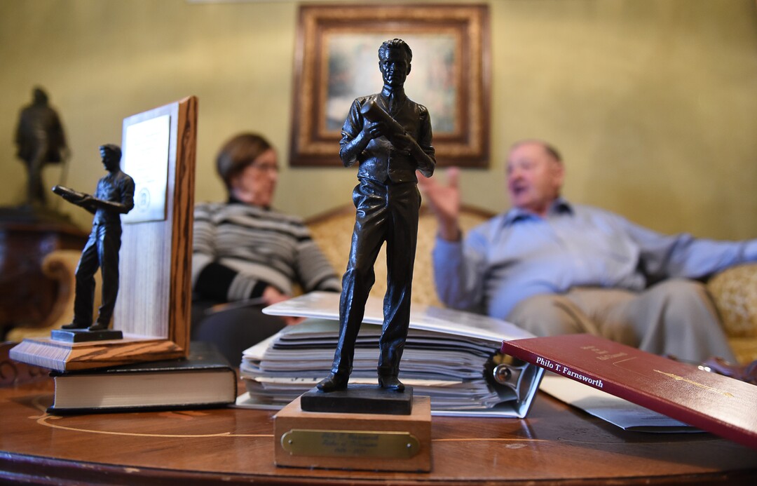 (Francisco Kjolseth  |  The Salt Lake Tribune)  A small replica of the statue of American inventor and television pioneer Philo T. Farnsworth has come to the forefront once again for Draper residents Treva and Bruce Barnson. Bruce, the former principal of Ridgecrest Elementary who lobbied the Legislature back in the late 80s to bring the larger than life statue to Statuary Hall in Washington D.C., is making the argument to keep it where it is after hearing the news that Sen. Todd Weiler has introduced a bill for January's legislative session to replace Farnsworth's statue with Martha Hughes Cannon, the first woman state senator.