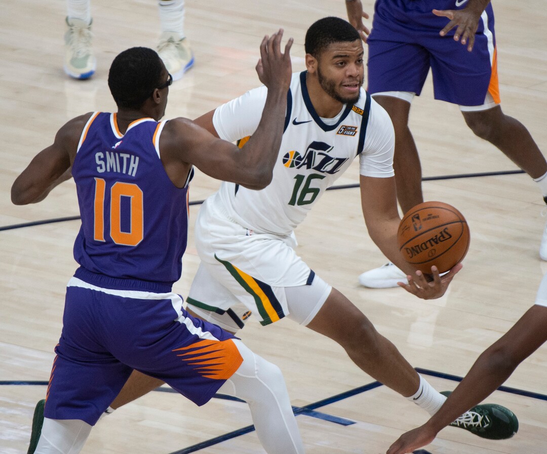 (Rick Egan | The Salt Lake Tribune)  Utah Jazz forward Juwan Morgan (16) gets past Phoenix Suns forward Jalen Smith (10), in preseason NBA action between Utah Jazz and Phoenix Suns at Vivint SmartHome Area, on Saturday, Dec. 12, 2020.