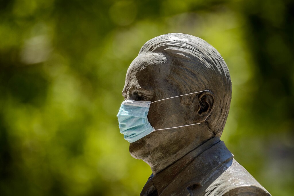 (Trent Nelson  |  Tribune file photo) A statue of Vasilios Priskos wears a mask in Salt Lake City on Tuesday, June 23, 2020.