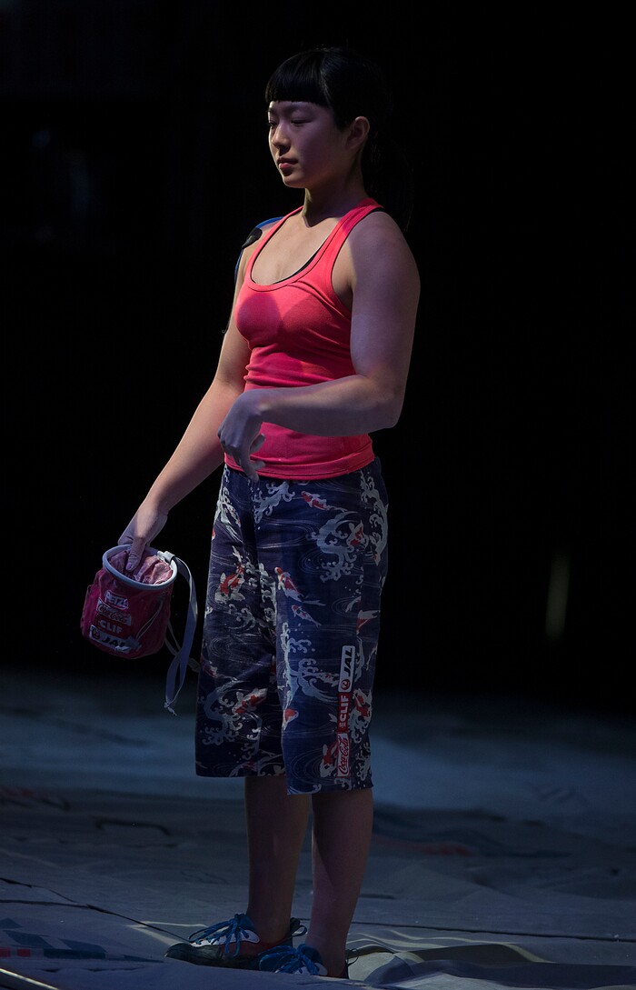 (Leah Hogsten  |  The Salt Lake Tribune) Ashima Shiraishi prepares to climb a problem during USA Climbing's Bouldering Open National Championships at the Salt Palace Convention Center, Saturday, February 3, 2018 in Salt Lake City, UT. 

. 