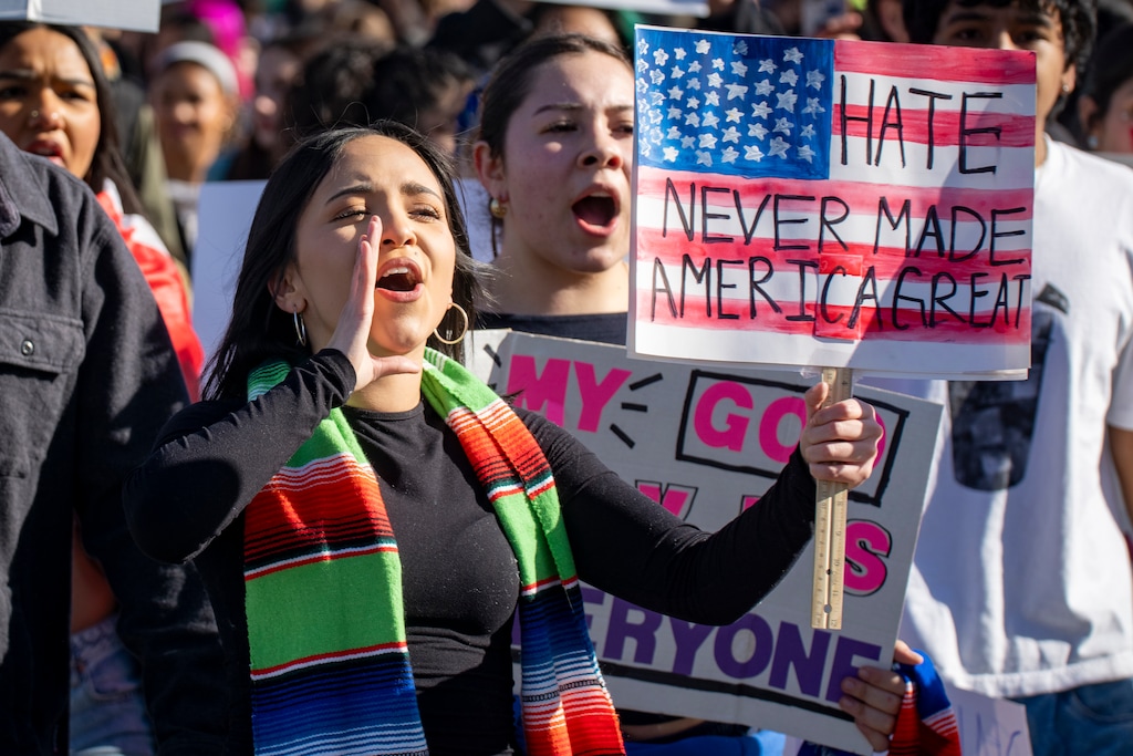 (Rick Egan | The Salt Lake Tribune) Students from Kearns High school stage a walk-out ICE protest on Tuesday, Jan 27, 2026.

