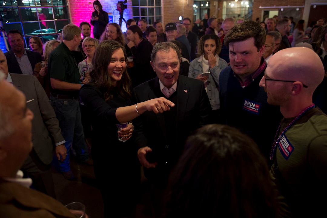 (Jeremy Harmon  |  The Salt Lake Tribune) Governor Gary Herbert speaks with Salt Lake City mayoral candidate Erin Mendenhall during her election night event on Tuesday, Nov. 5, 2019. Also in the photo are Salt Lake District Attorney Sim Gill, Salt Lake City Council member Chris Wharton, State Senator Derek Kitchen and Salt Lake County Council member Shireen Ghorbani.