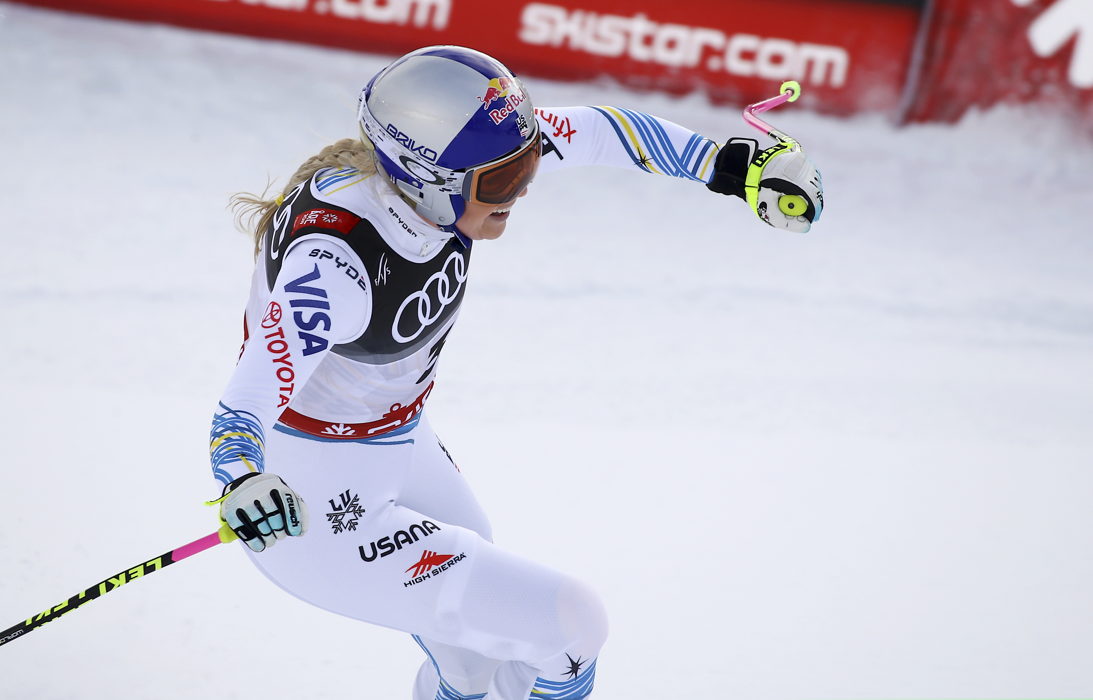 United States' Lindsey Vonn smiles in the finish area after the women's downhill race, at the alpine ski World Championships in Are, Sweden, Sunday, Feb. 10, 2019. (AP Photo/Marco Trovati)
