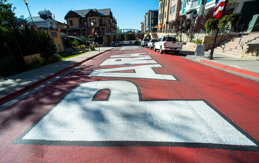 (Rick Egan  |  The Salt Lake Tribune)     Artists painted “Justicia Para Todos” on Main Street in Park City over the weekend, Monday, July 6, 2020.