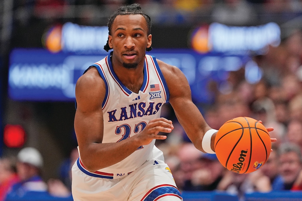 (Charlie Riedel AP) Kansas guard Darryn Peterson drives during the first half of an NCAA college basketball game against Green Bay, Monday, Nov. 3, 2025, in Lawrence, Kan.