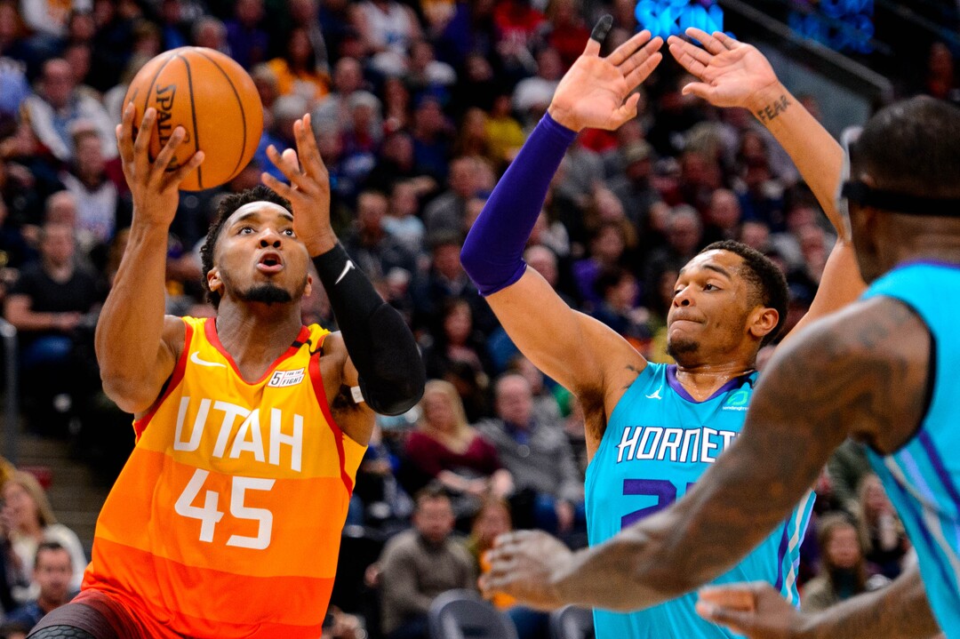 (Trent Nelson  |  The Salt Lake Tribune) Utah Jazz guard Donovan Mitchell (45) shoots as the Utah Jazz host the Charlotte Hornets, NBA basketball in Salt Lake City on Friday, Jan. 10, 2020.