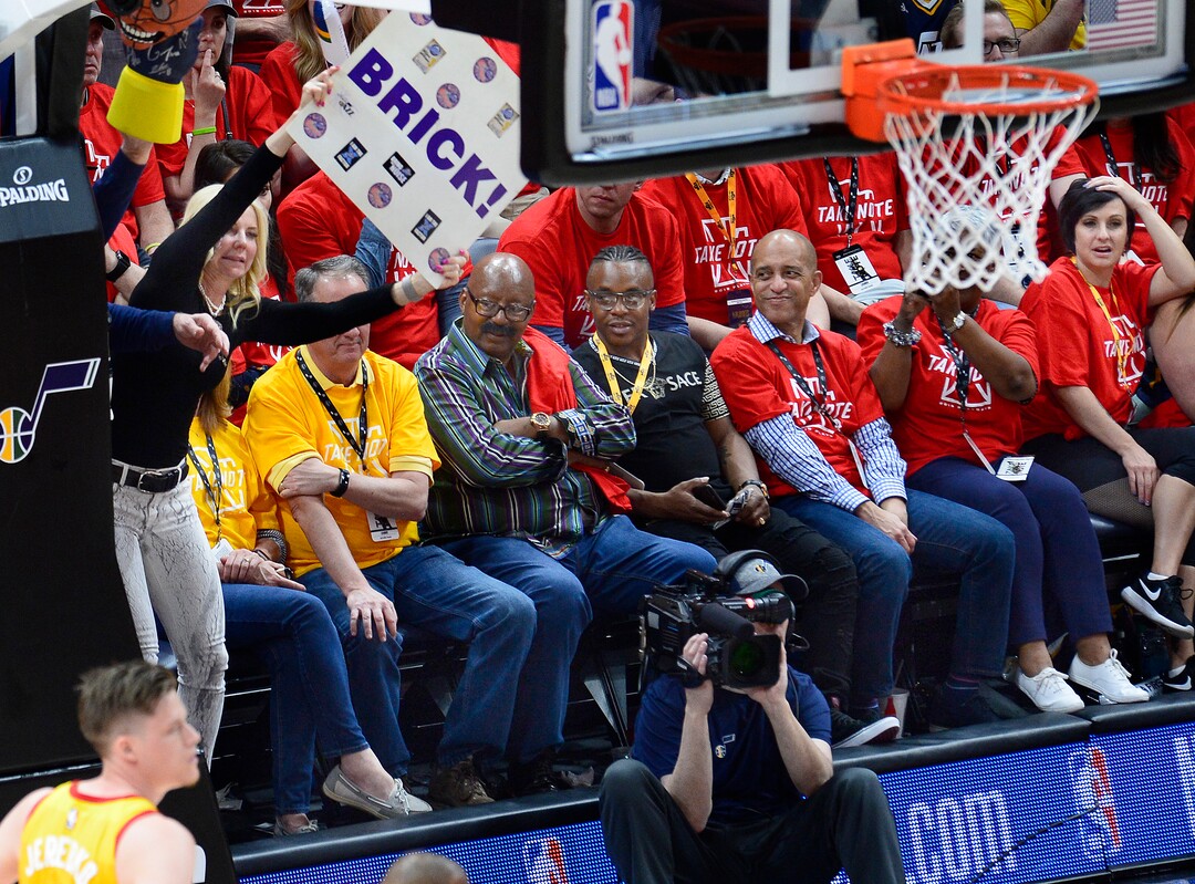 (Scott Sommerdorf | The Salt Lake Tribune)Jazz fans who stayed till the end of the game try to make shooting free throws difficult during second half play. The Houston Rockets beat the Utah Jazz 113-92 in game 3 of their playoff series, Friday, May 4, 2018.